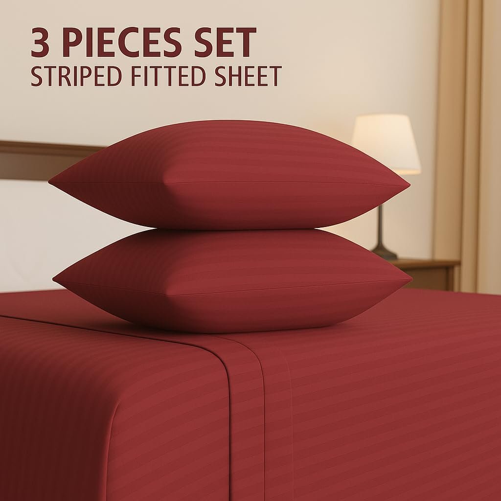 KUSTOMDECO Outlet Striped Microfiber Fitted Sheet Set – Double 120x200 cm – Cream Color – 1 Fitted Sheet & 2 Pillowcases (50x75 cm) – Deep Pocket, Soft, Durable, Wrinkle-Resistant Bedding Set - Image 2