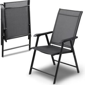 Patio Chairs, Foldable Patio Chair with Armrests and Breathable Seat Fabric, Outdoor Dining Chair for Patio, Pool Side, Backyard | steel frame with powder coating (Modern, Black)