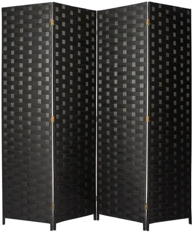 KUSTOMDECO 4-Panel Folding Room Divider – Freestanding Rattan Privacy Screen Partition for Bedroom, Portable Black Partition Wall.