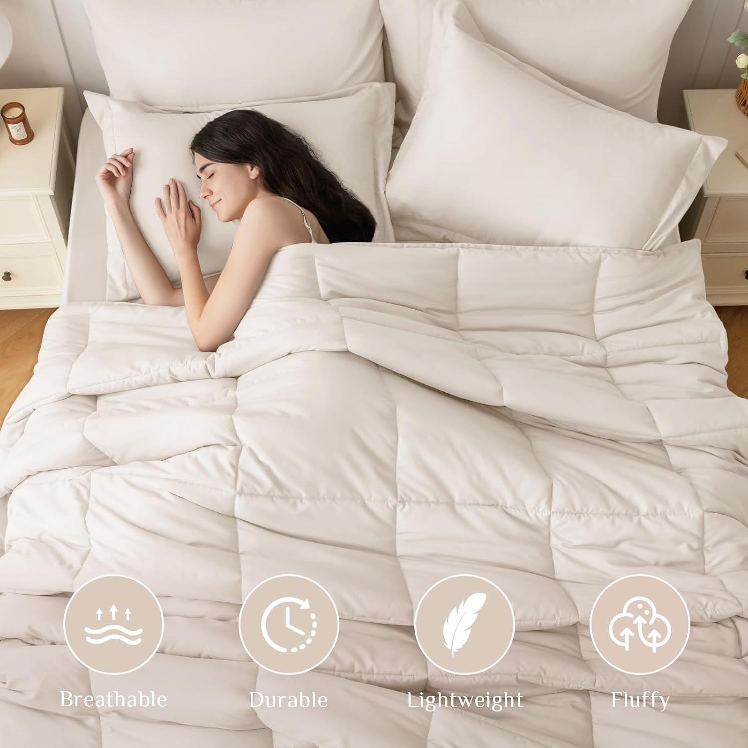 KUSTOMDECO Down Alternative 4Pcs Comforter Set Beige – Ultra Soft Microfiber Duvet with 250GSM Filling – King Size 240x260 cm – Lightweight, Breathable & Hypoallergenic Bedding for All Seasons - Image 2