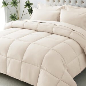 KUSTOMDECO Down Alternative 4Pcs Comforter Set Beige – Ultra Soft Microfiber Duvet with 250GSM Filling – Single Size 200x200 cm – Lightweight, Breathable & Hypoallergenic Bedding for All Seasons