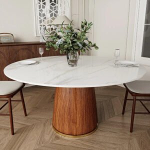 Solid Wood Stone Top Round Dining Table - Modern Dining Table or Chair Set, Ideal for Elegant Dining Spaces