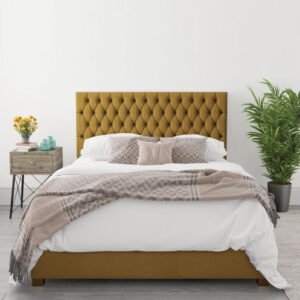 Zenith Dream King Size Ottoman Bed in Deep Mustard Velvet - Customizable Design for UAE Bedrooms
