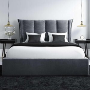 Cloud9 Comfort Grey Velvet King Size Ottoman Bed With Cushioned Headboard - Customizable Design for UAE Bedrooms