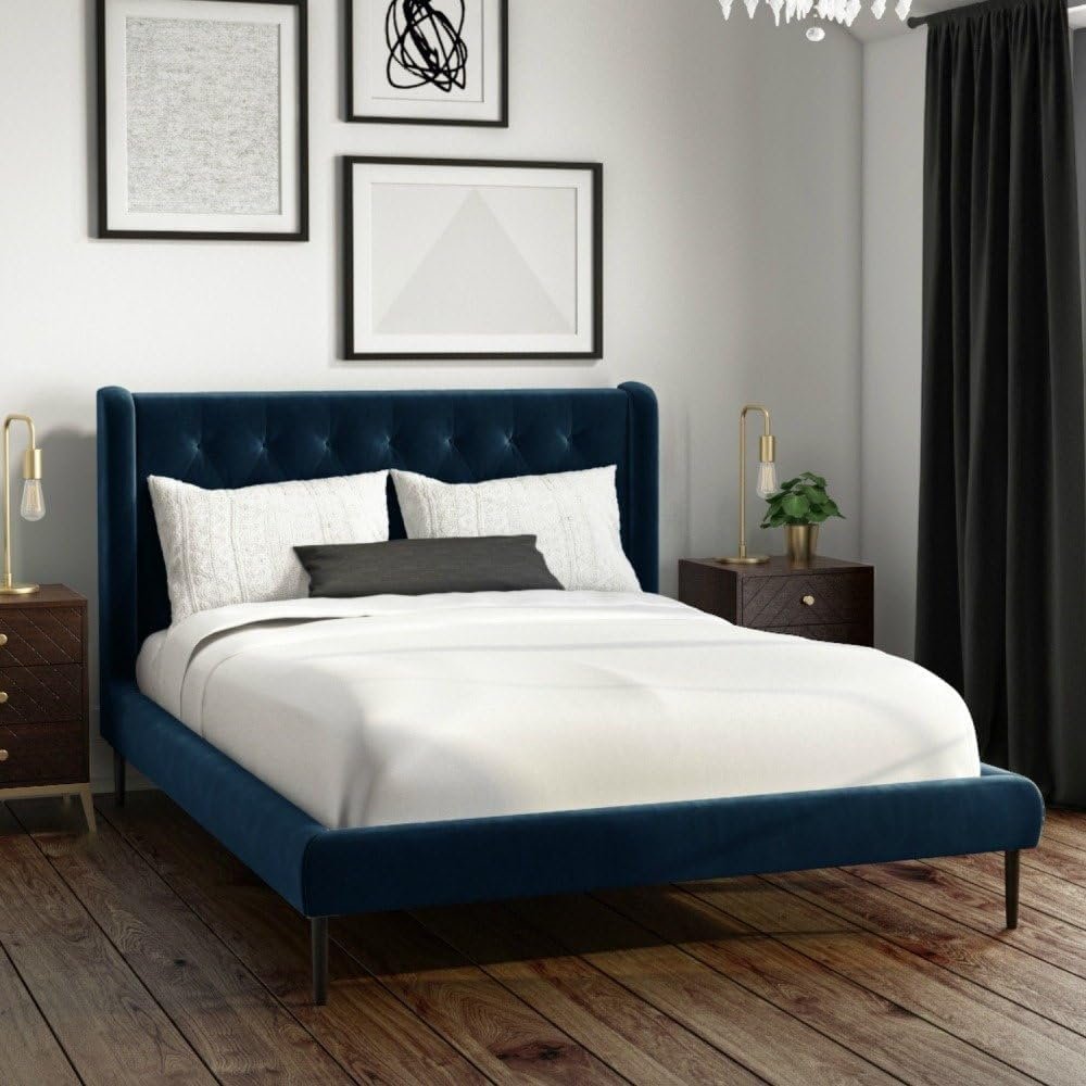 Dream Daze Navy Velvet Small Double Bed Frame With Winged Headboard - Customizable Design for UAE Bedrooms