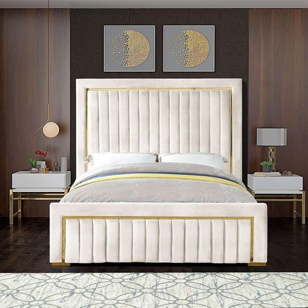 Atlas Gold Trim High Headboard Velvet Upholstery Bed - Customizable Design for UAE Bedrooms
