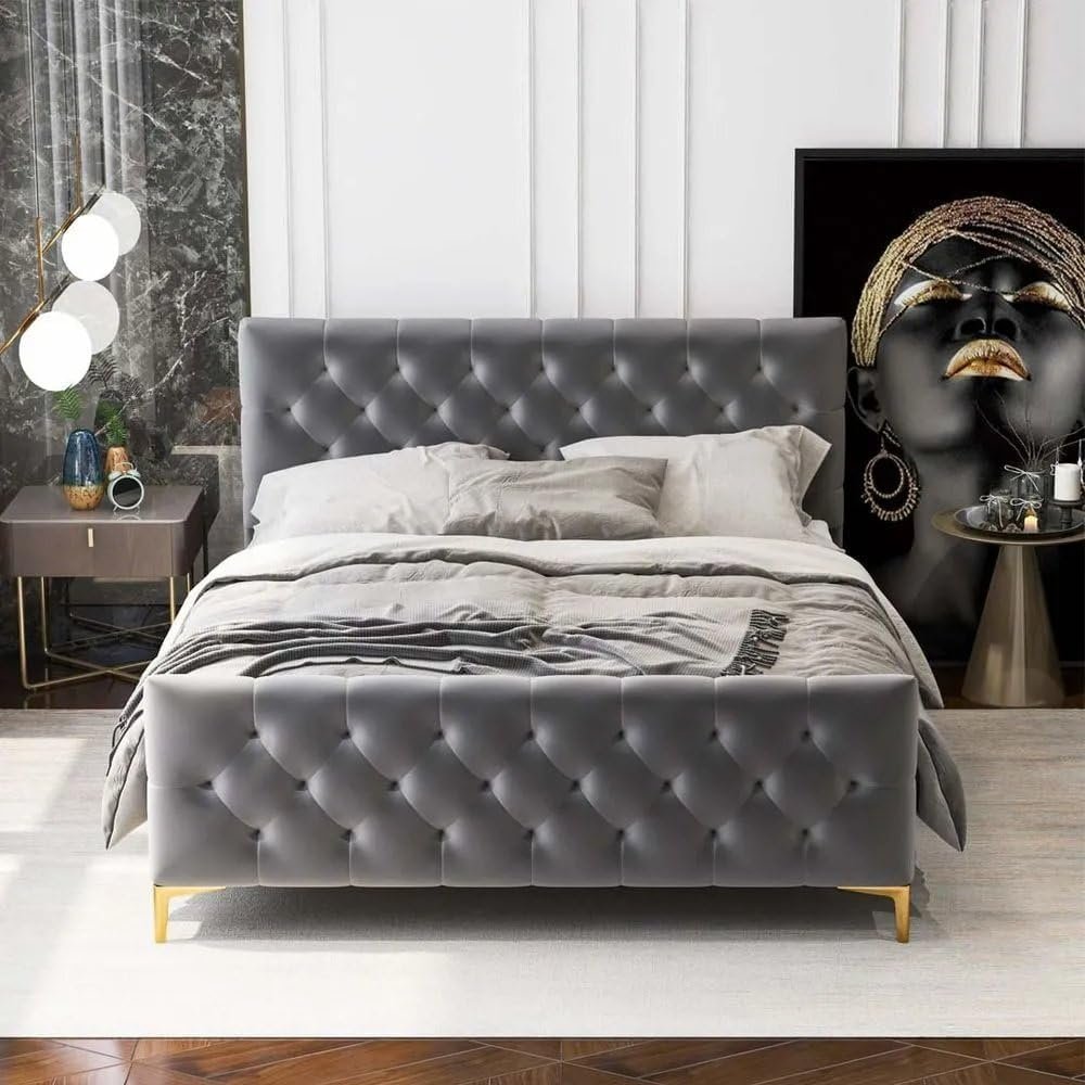 Alaysia Stitched Button Tufted Velvet Fabric Bed - Customizable Design for UAE Bedrooms