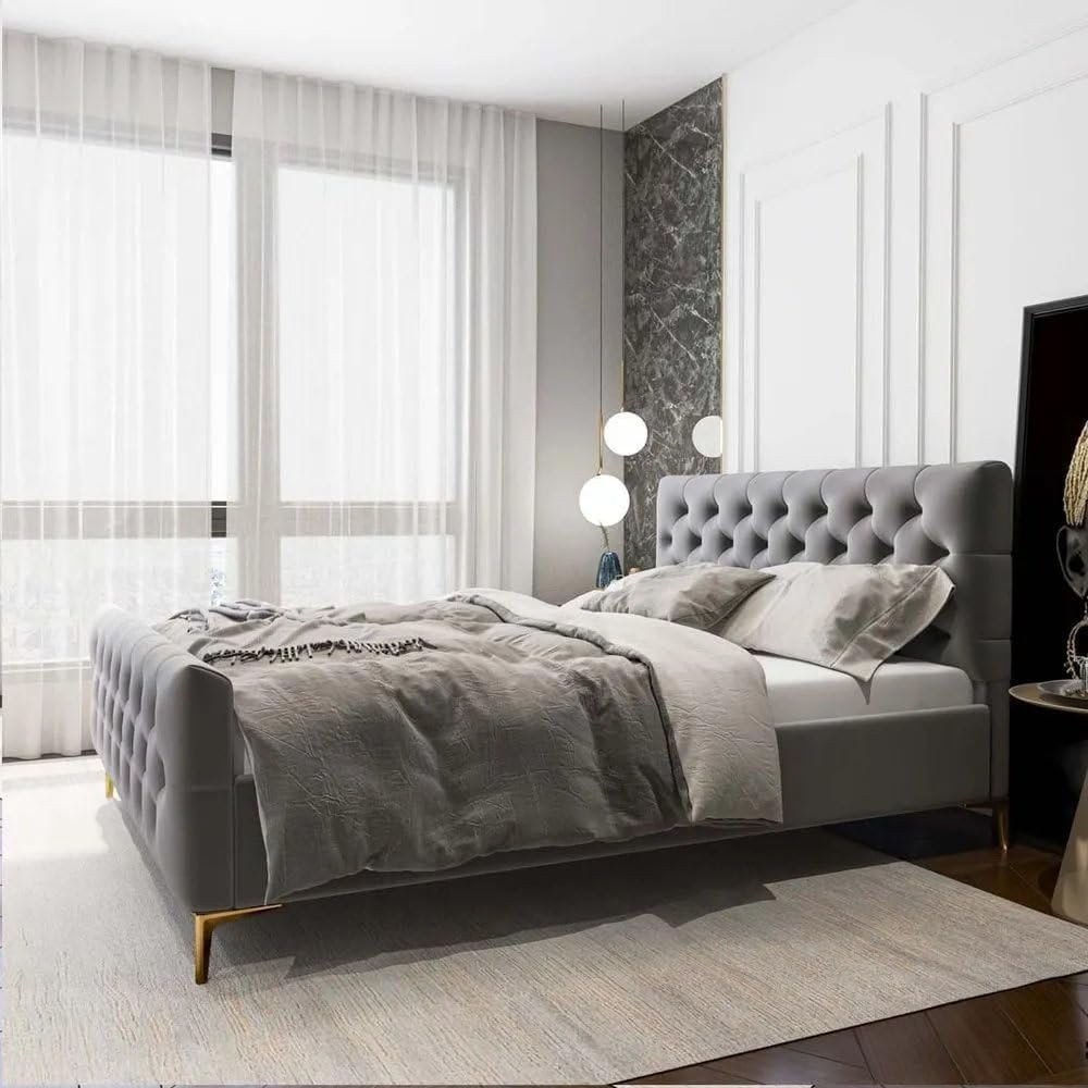 Alaysia Stitched Button Tufted Velvet Fabric Bed - Customizable Design for UAE Bedrooms - Image 2