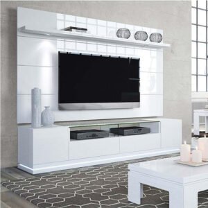 White Gloss Tv Unit With Wall TV Panel And LED light - Wall-Mounted or Freestanding TV Unit with Storage, Includes Home Installation
