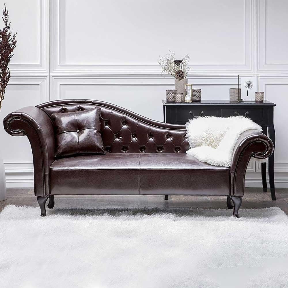 Chesterfield Brown Faux Leather Chaise Lounge - Elegant Upholstered Chaise Lounge Chair, Custom Design for Living or Bedroom