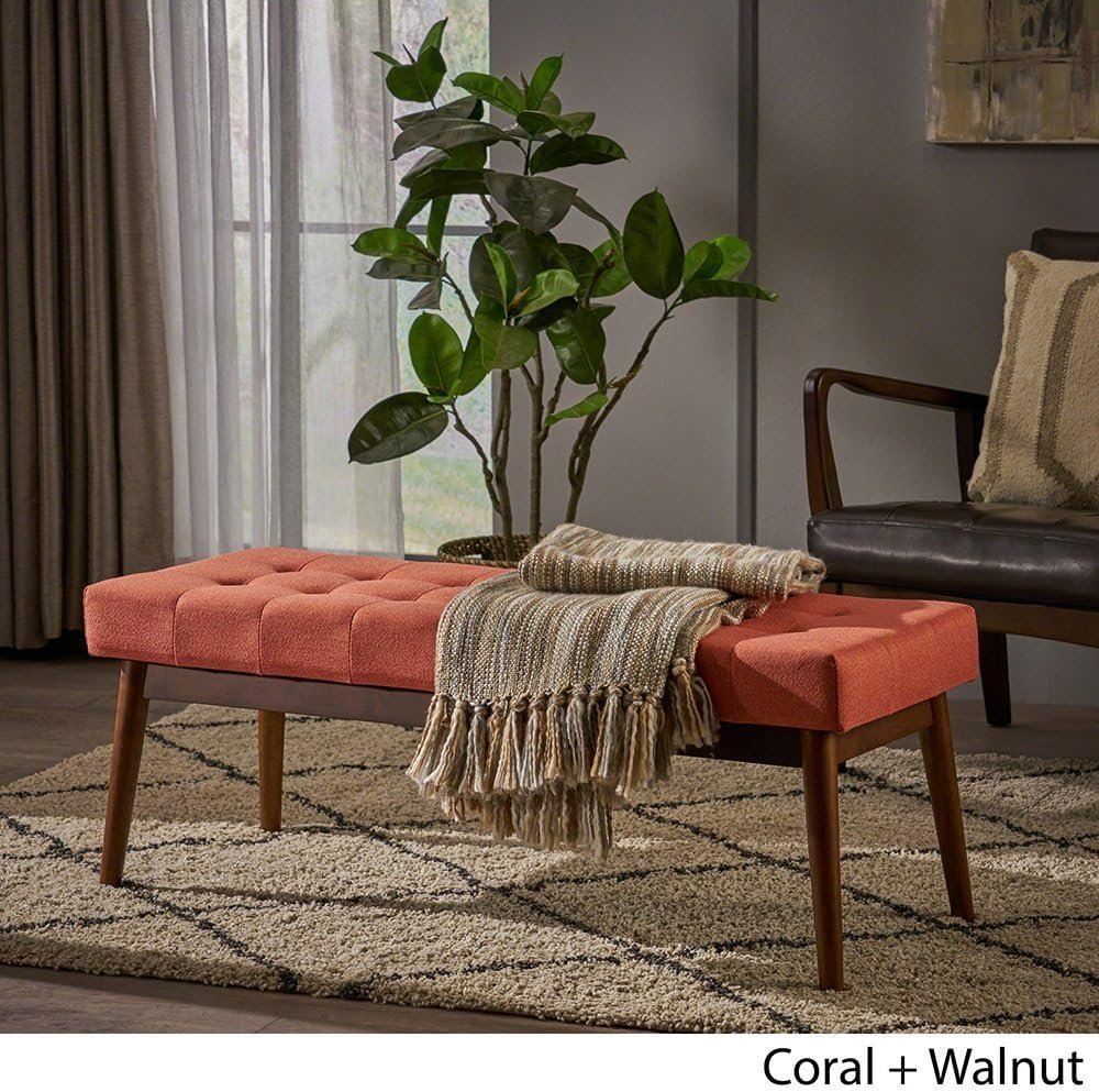 Mid Century Tufted Fabric Ottoman Bench - Upholstered Ottoman or Bench, Multi-Purpose Seating for Living Room or Bedroom