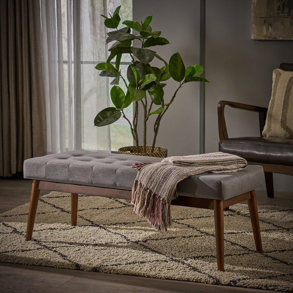 Mid Century Tufted Fabric Ottoman Bench - Upholstered Ottoman or Bench, Multi-Purpose Seating for Living Room or Bedroom - Image 2