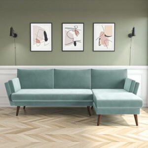 Mint Green Velvet L Shaped Sofa - Right Hand Facing Kustom Deco - Customizable Sectional Sofa for Living Room, Premium Upholstery, L-Shape Design