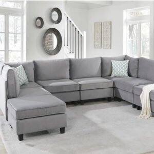 Simona Grey Velvet 8-Seater Modular Sectional Sofa Set - Customizable Sectional Sofa for Living Room, Premium Upholstery, L-Shape Design