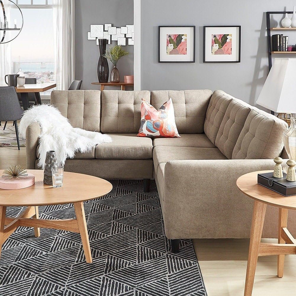 Rivers Khaki Velvet Sectional Beige Sofa - Customizable Sectional Sofa for Living Room, Premium Upholstery, L-Shape Design