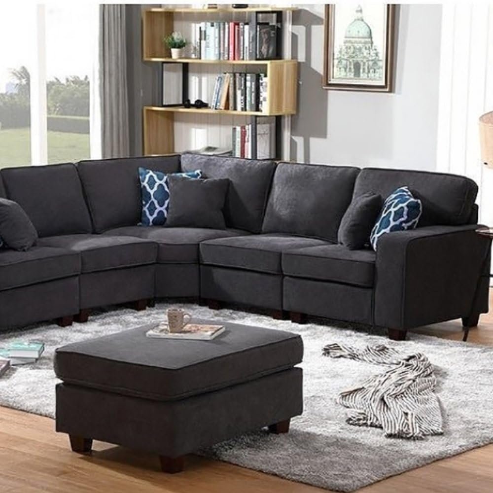 Gray Woven 6-Seater Modular Sectional Sofa with Ottoman - Customizable Sectional Sofa for Living Room, Premium Upholstery, L-Shape Design