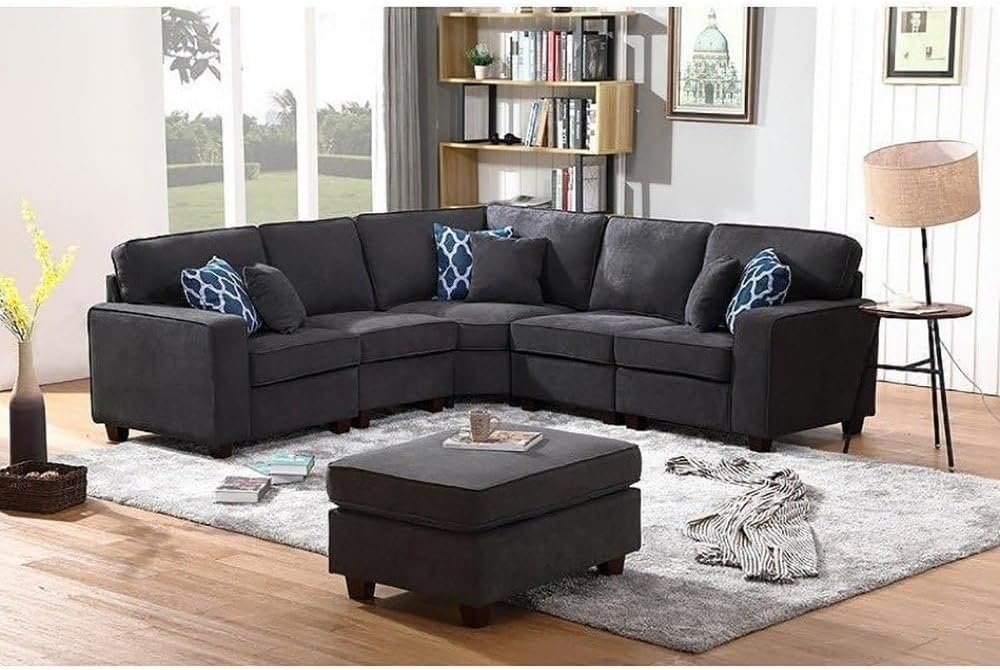Gray Woven 6-Seater Modular Sectional Sofa with Ottoman - Customizable Sectional Sofa for Living Room, Premium Upholstery, L-Shape Design - Image 3