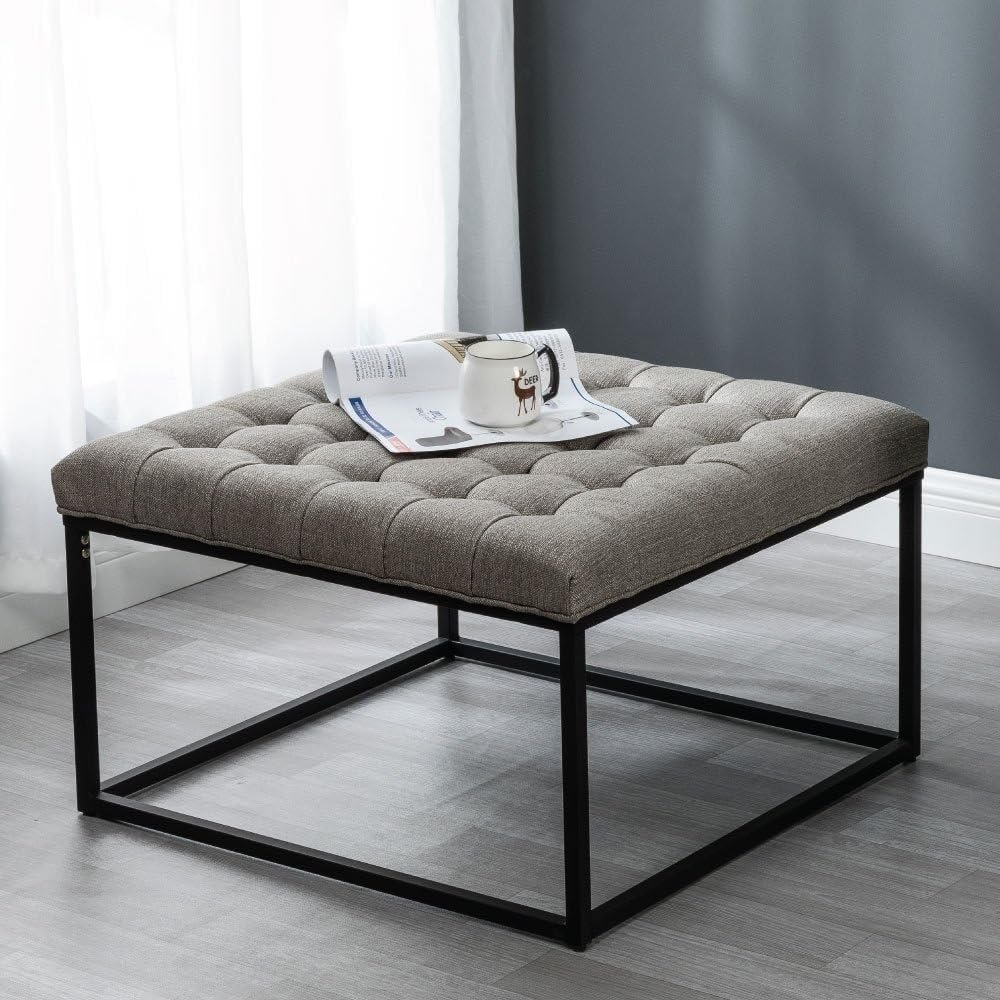 Square Button Tufted Ottoman - Upholstered Ottoman or Bench, Multi-Purpose Seating for Living Room or Bedroom