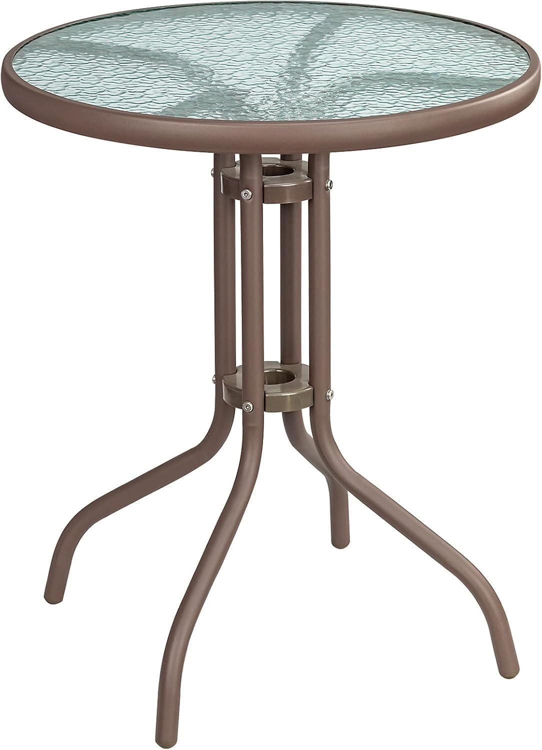 Outdoor Patio Side Table with Glass Top, Round 60 cm, Brown Metal Frame (Brown)
