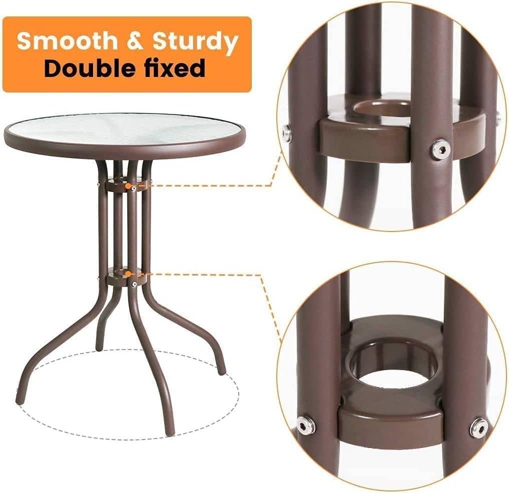 Outdoor Patio Side Table with Glass Top, Round 60 cm, Brown Metal Frame (Brown) - Image 4