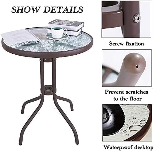 Outdoor Patio Side Table with Glass Top, Round 60 cm, Brown Metal Frame (Brown) - Image 5