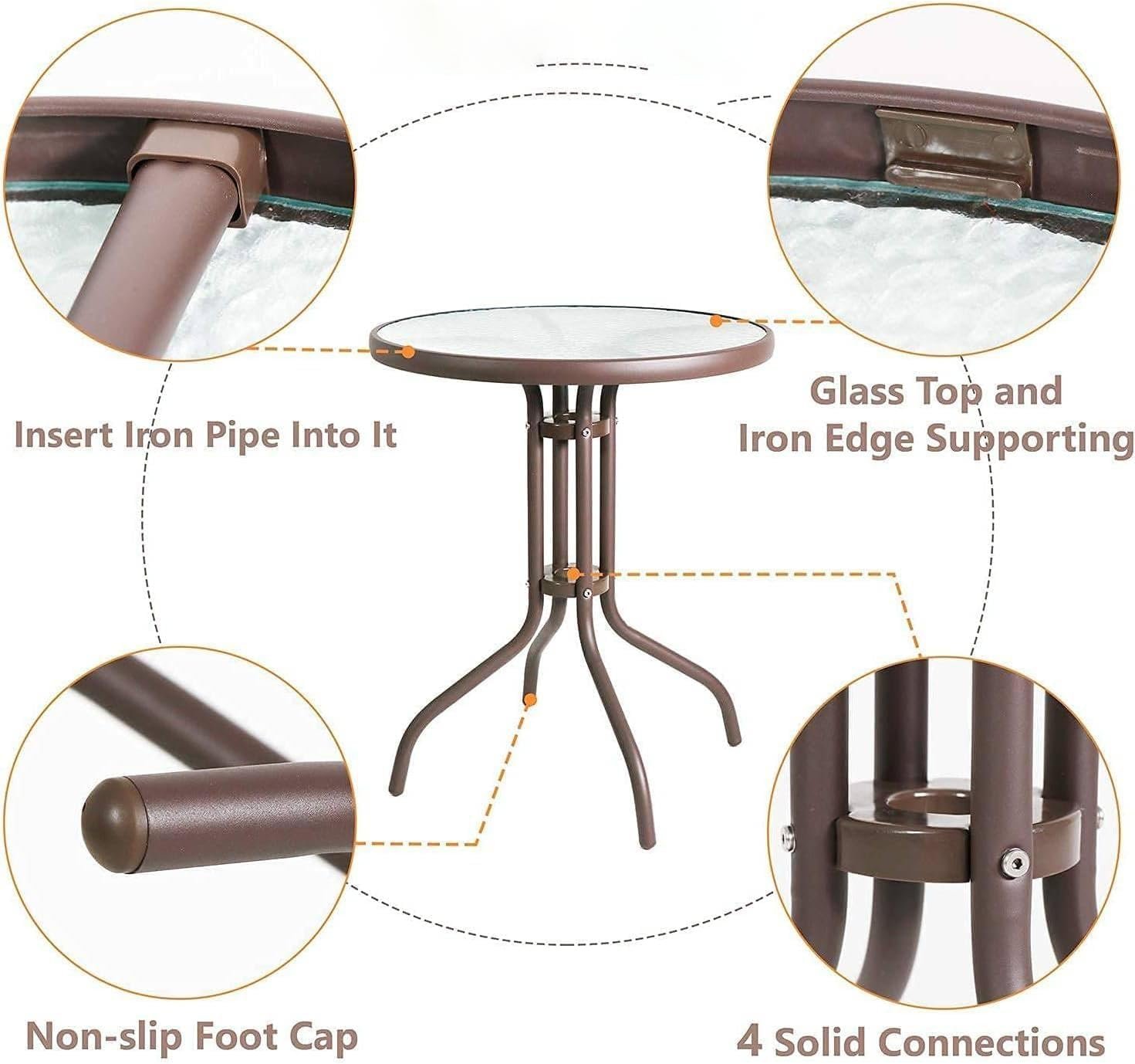 Outdoor Patio Side Table with Glass Top, Round 60 cm, Brown Metal Frame (Brown) - Image 7