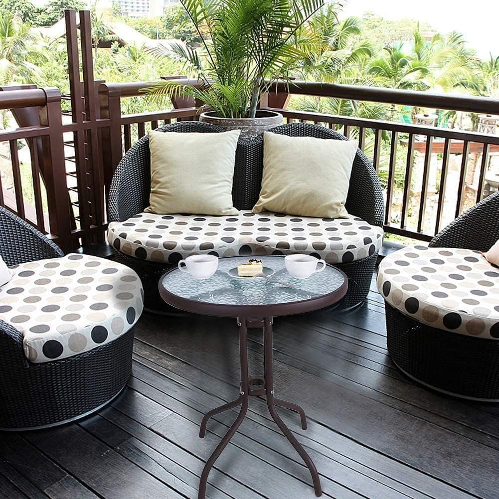 Outdoor Patio Side Table with Glass Top, Round 60 cm, Brown Metal Frame (Brown) - Image 8