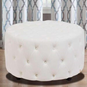 Linen Tufted Round Ottoman - Upholstered Ottoman or Bench, Multi-Purpose Seating for Living Room or Bedroom