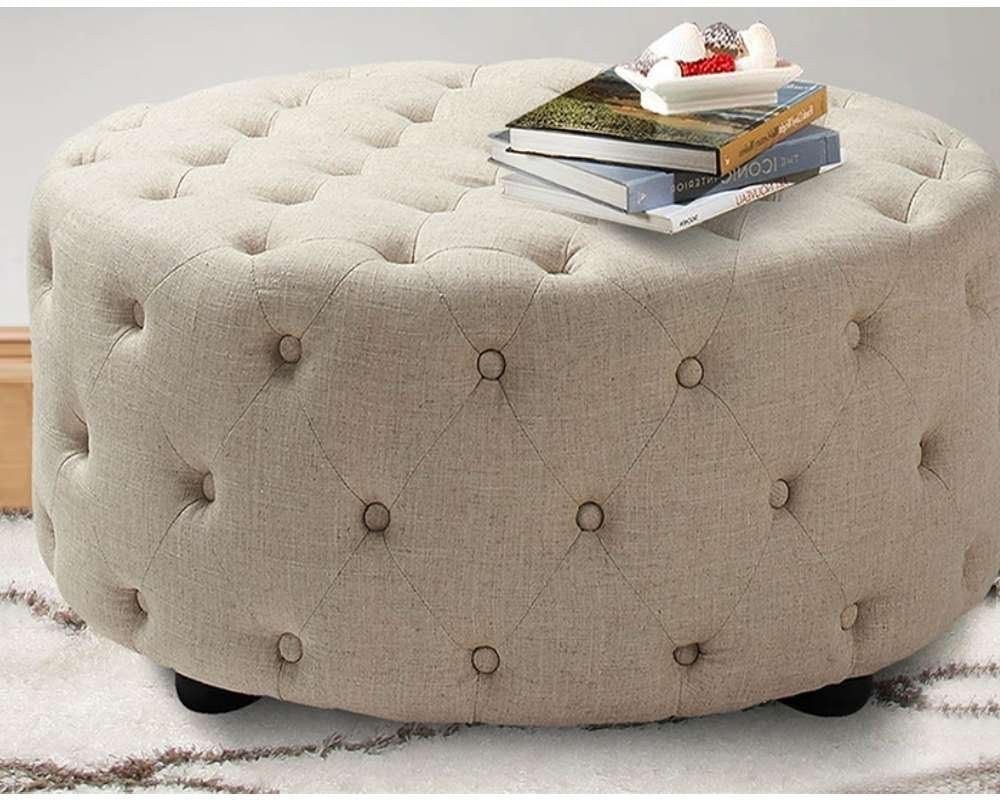 Linen Tufted Round Ottoman - Upholstered Ottoman or Bench, Multi-Purpose Seating for Living Room or Bedroom - Image 3