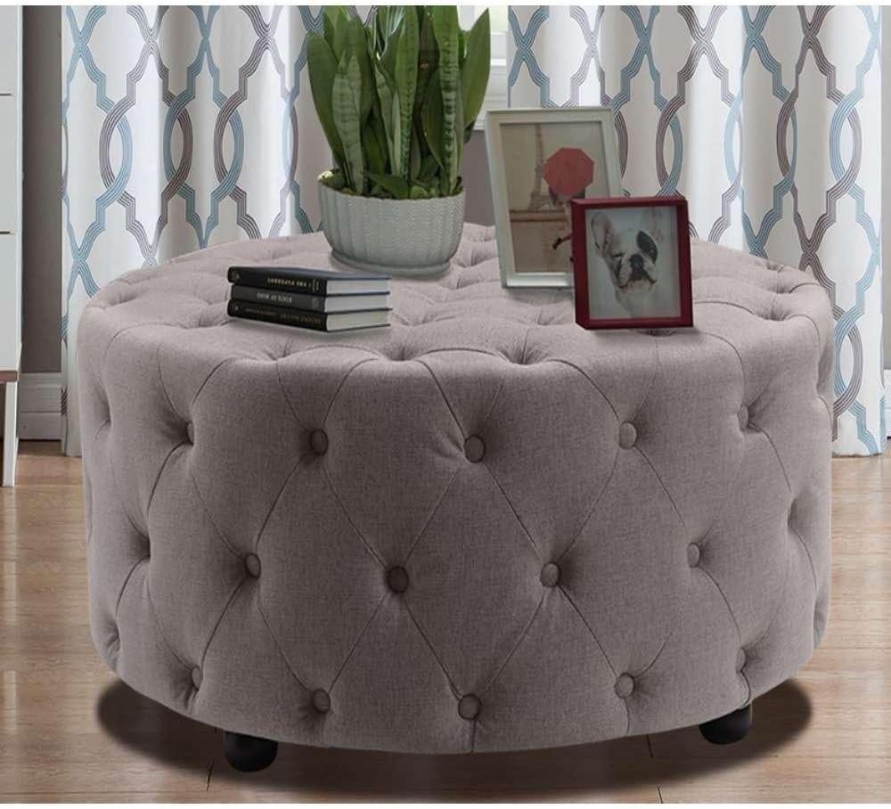 Linen Tufted Round Ottoman - Upholstered Ottoman or Bench, Multi-Purpose Seating for Living Room or Bedroom - Image 4