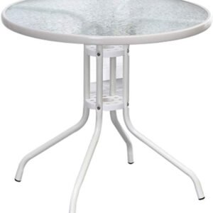 Outdoor Patio Side Table with Glass Top, Round 60 cm, Brown Metal Frame (White)