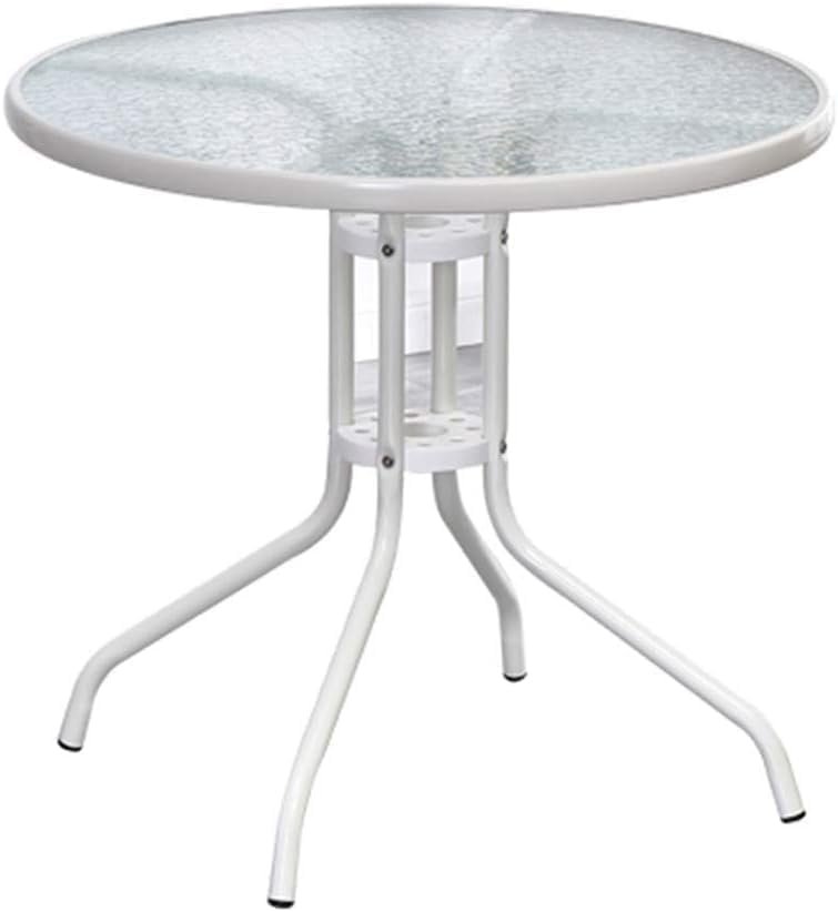 Outdoor Patio Side Table with Glass Top, Round 60 cm, Brown Metal Frame (White)