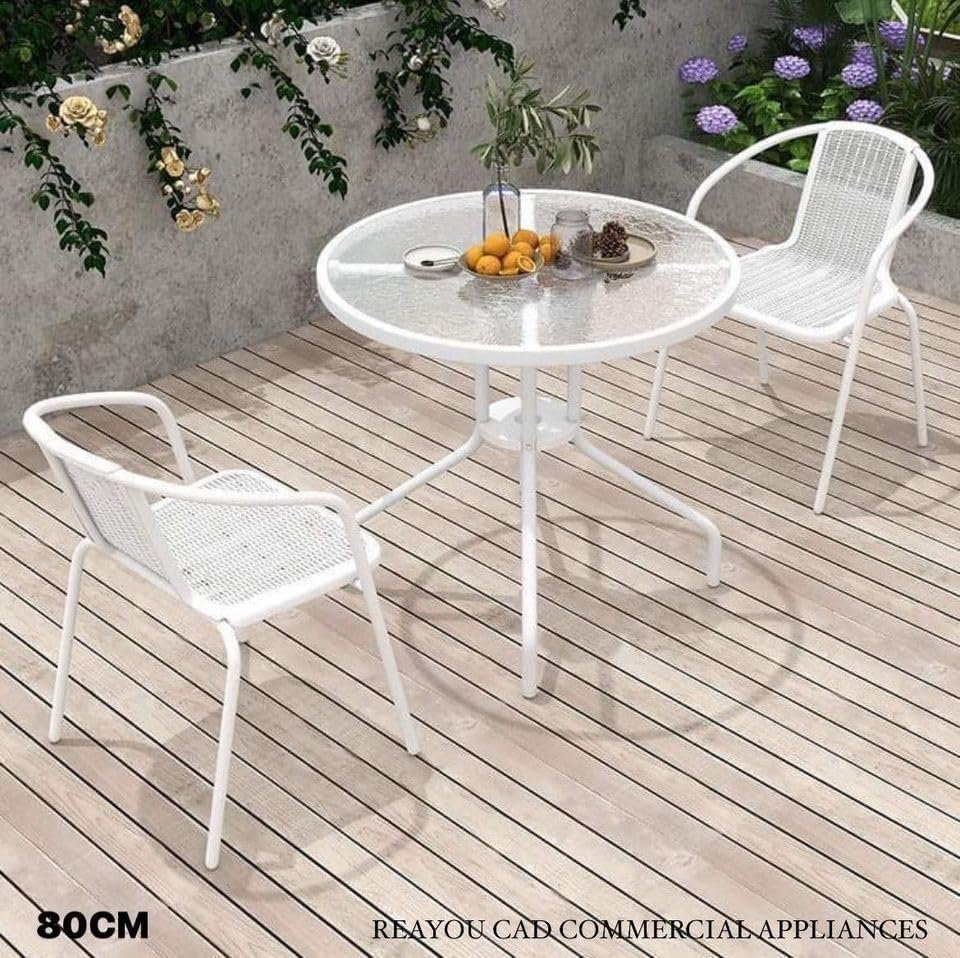 Outdoor Patio Side Table with Glass Top, Round 60 cm, Brown Metal Frame (White) - Image 2