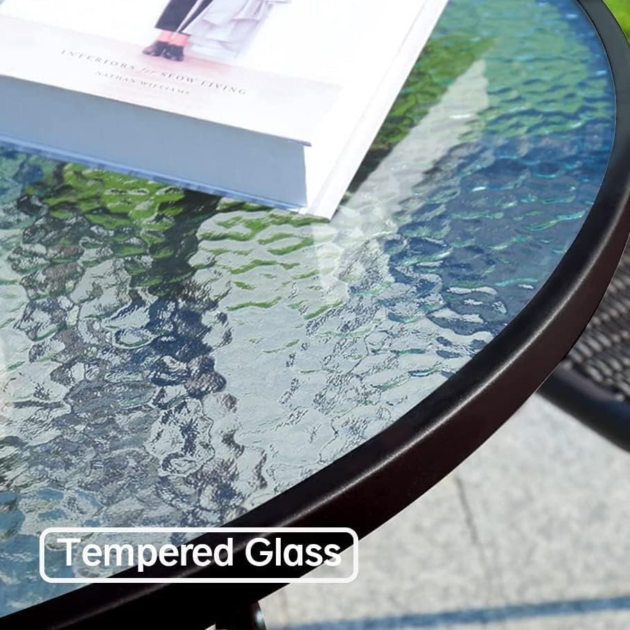 Outdoor Patio Side Table with Glass Top, Round 60 cm, Brown Metal Frame (White) - Image 4