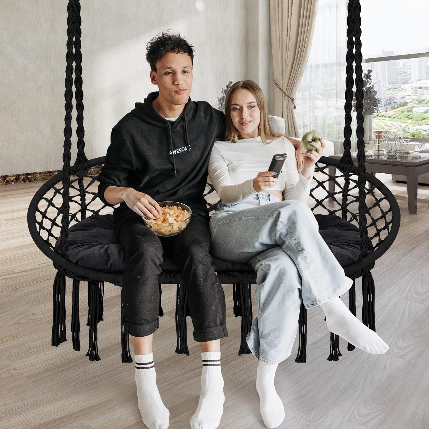 Kustom Deco Macrame Double Hammock Swing Chair with Cushion, Indoor Outdoor Hanging Chair, 2-Person, Color (Black) - Image 2