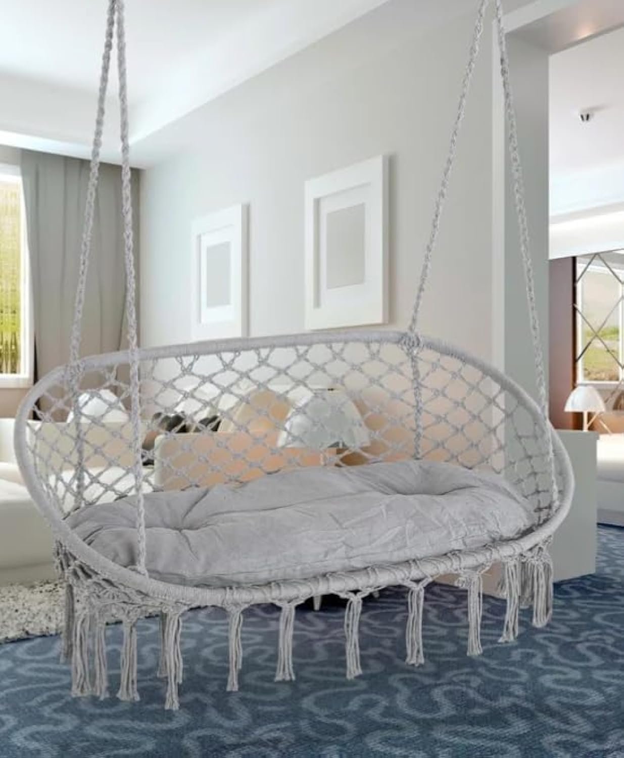 Kustom Deco Macrame Double Hammock Swing Chair with Cushion, Indoor Outdoor Hanging Chair, 2-Person, Color (Black) - Image 7