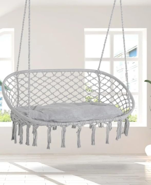 Kustom Deco Macrame Double Hammock Swing Chair with Cushion, Indoor Outdoor Hanging Chair, 2-Person, Color (Black) - Image 9