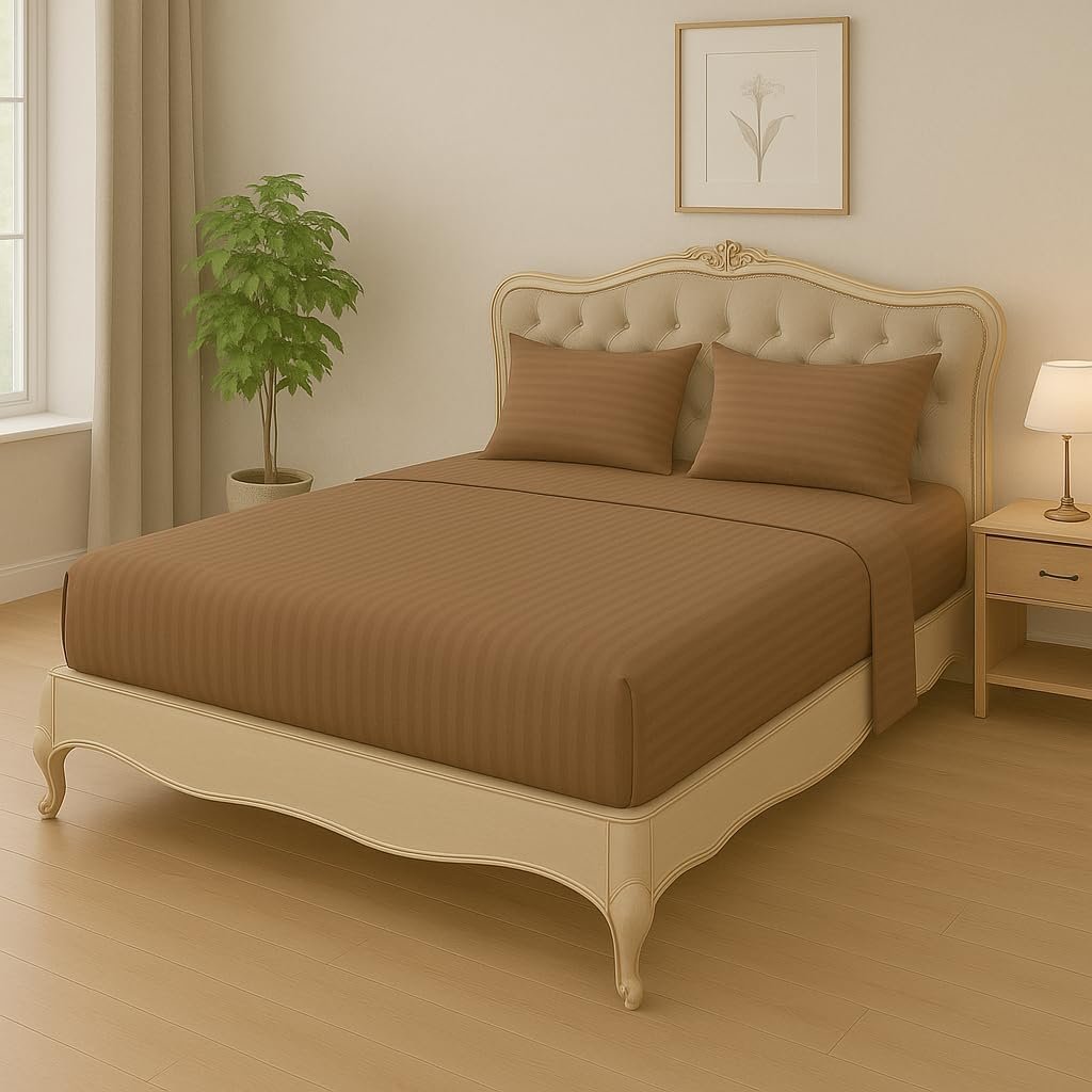KUSTOMDECO Outlet Striped Microfiber Fitted Sheet Set – Queen 150x200 cm – Brown Color – 1 Fitted Sheet & 2 Pillowcases (50x75 cm) – Deep Pocket, Soft, Durable, Wrinkle-Resistant Bedding Set