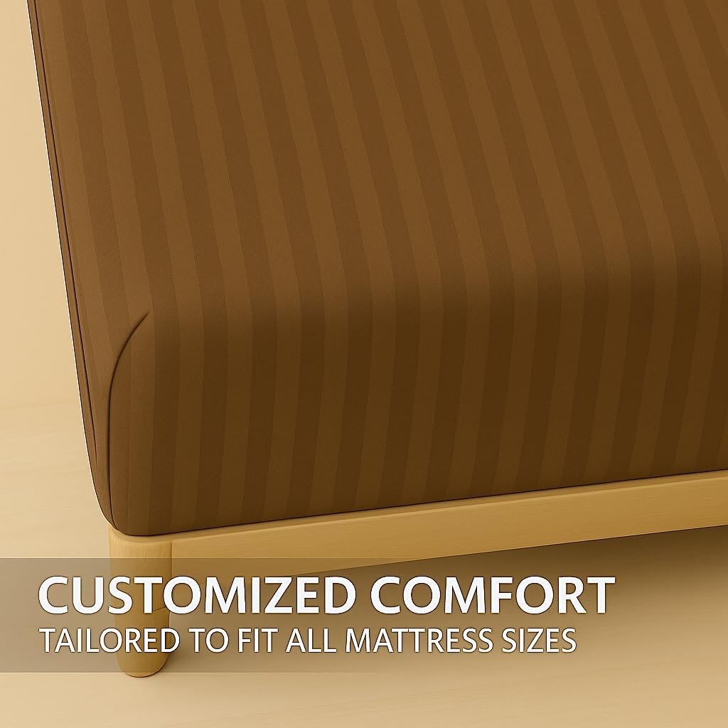 KUSTOMDECO Outlet Striped Microfiber Fitted Sheet Set – Queen 150x200 cm – Brown Color – 1 Fitted Sheet & 2 Pillowcases (50x75 cm) – Deep Pocket, Soft, Durable, Wrinkle-Resistant Bedding Set - Image 4