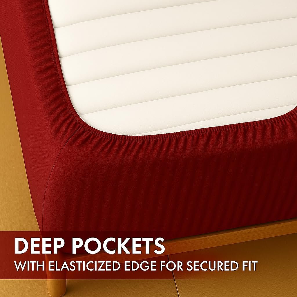 KUSTOMDECO Outlet Striped Microfiber Fitted Sheet Set – Queen 150x200 cm – Peach Color – 1 Fitted Sheet & 2 Pillowcases (50x75 cm) – Deep Pocket, Soft, Durable, Wrinkle-Resistant Bedding Set - Image 6