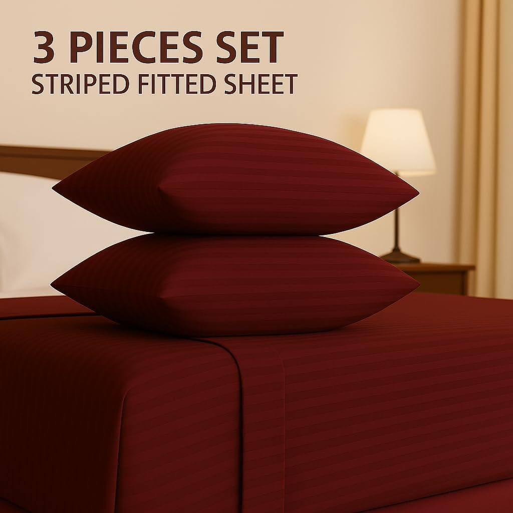 KUSTOMDECO Outlet Striped Microfiber Fitted Sheet Set – King 180x200 cm – Navy Blue Color – 1 Fitted Sheet & 2 Pillowcases (50x75 cm) – Deep Pocket, Soft, Durable, Wrinkle-Resistant Bedding Set - Image 2