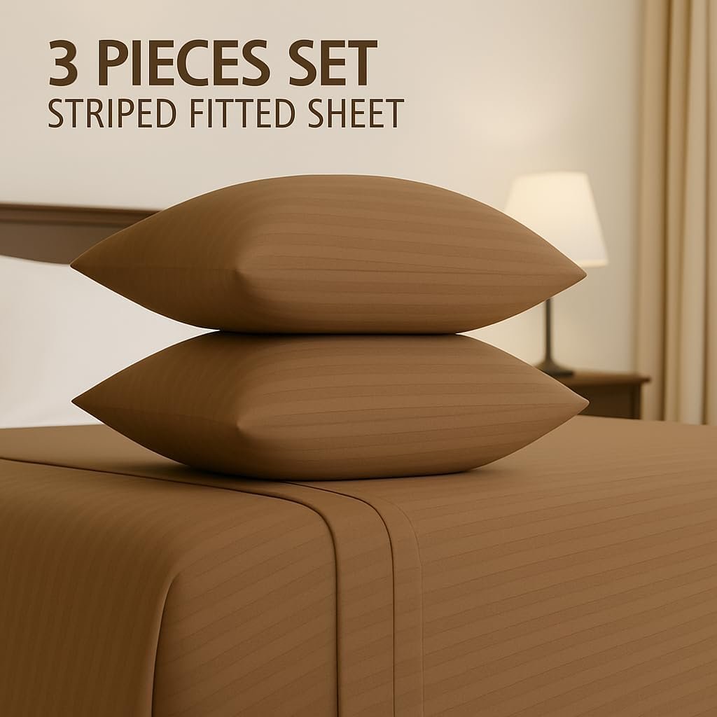 KUSTOMDECO Outlet Striped Microfiber Fitted Sheet Set – King 180x200 cm – Maroon Color – 1 Fitted Sheet & 2 Pillowcases (50x75 cm) – Deep Pocket, Soft, Durable, Wrinkle-Resistant Bedding Set - Image 2