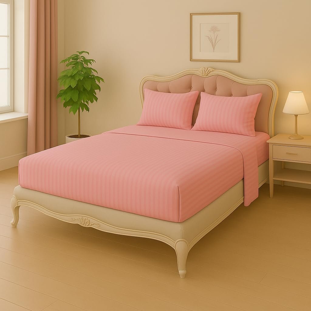 KUSTOMDECO Outlet Striped Microfiber Fitted Sheet Set – Queen 150x200 cm – Dark Red Color – 1 Fitted Sheet & 2 Pillowcases (50x75 cm) – Deep Pocket, Soft, Durable, Wrinkle-Resistant Bedding Set