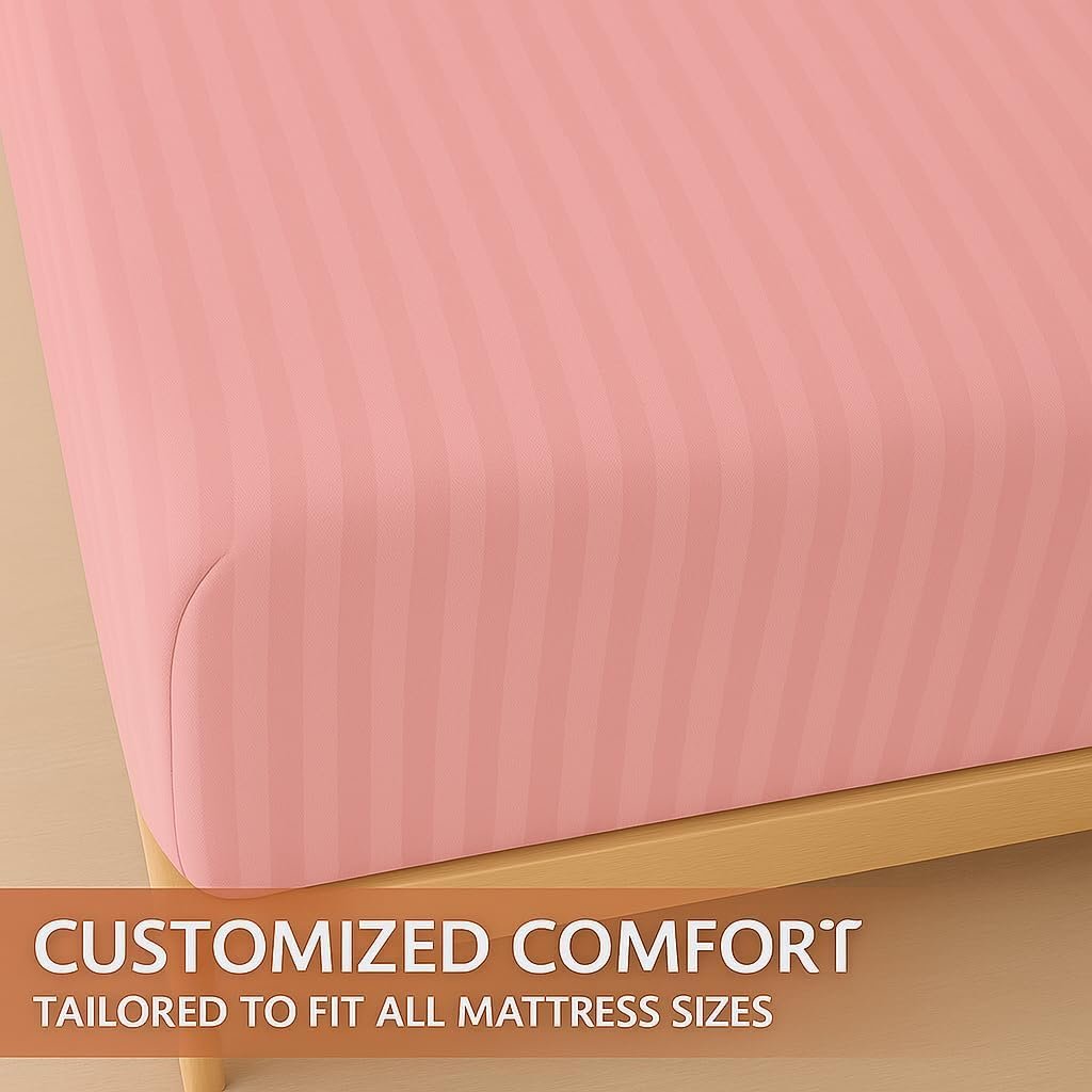 KUSTOMDECO Outlet Striped Microfiber Fitted Sheet Set – Queen 150x200 cm – Dark Red Color – 1 Fitted Sheet & 2 Pillowcases (50x75 cm) – Deep Pocket, Soft, Durable, Wrinkle-Resistant Bedding Set - Image 3