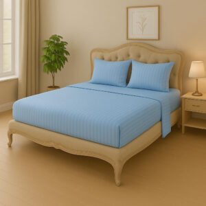 KUSTOMDECO Outlet Striped Microfiber Fitted Sheet Set – Super King 200x200 cm – Royal Blue Color – 1 Fitted Sheet & 2 Pillowcase (50x75 cm) – Deep Pocket, Soft, Durable, Wrinkle-Resistant Bedding Set