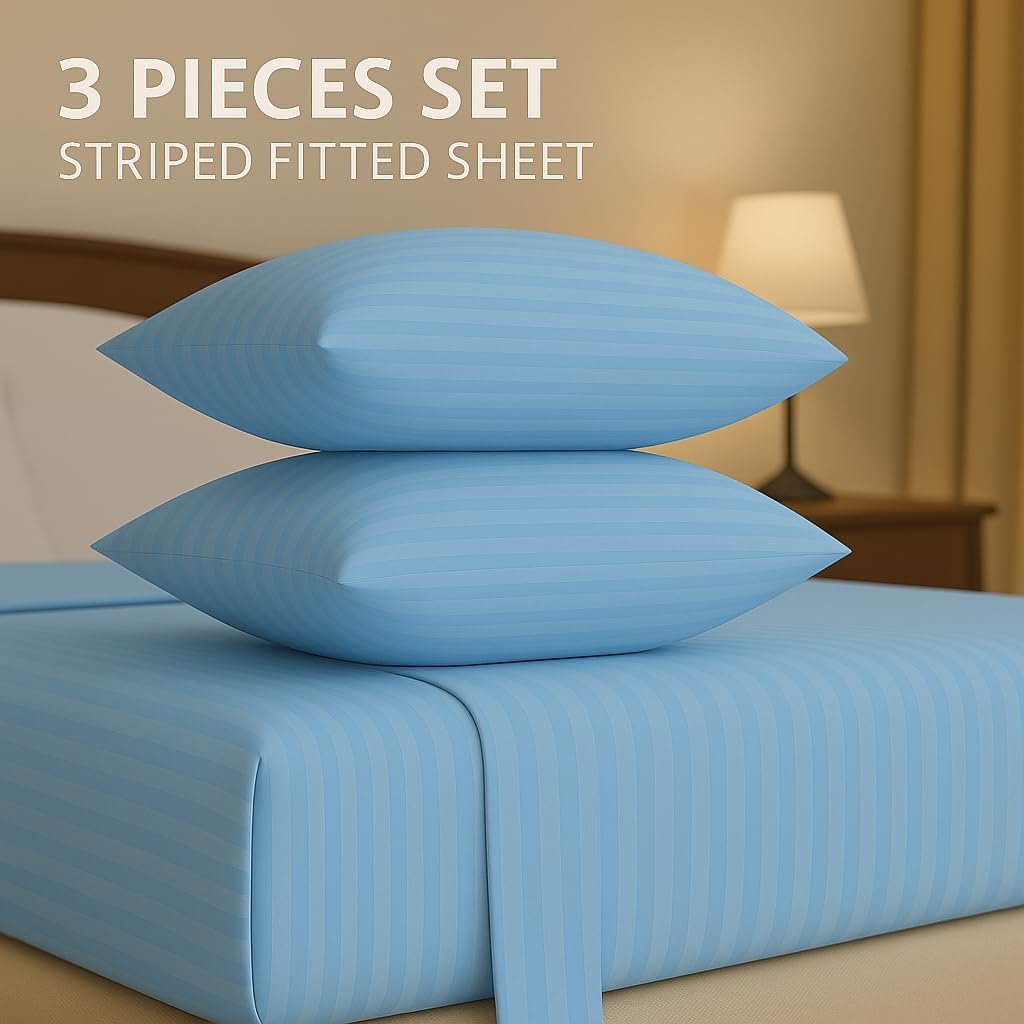 KUSTOMDECO Outlet Striped Microfiber Fitted Sheet Set – Super King 200x200 cm – Royal Blue Color – 1 Fitted Sheet & 2 Pillowcase (50x75 cm) – Deep Pocket, Soft, Durable, Wrinkle-Resistant Bedding Set - Image 2