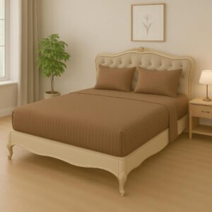 KUSTOMDECO Outlet Striped Microfiber Fitted Sheet Set – Double 120x200 cm – Pink Color – 1 Fitted Sheet & 2 Pillowcases (50x75 cm) – Deep Pocket, Soft, Durable, Wrinkle-Resistant Bedding Set