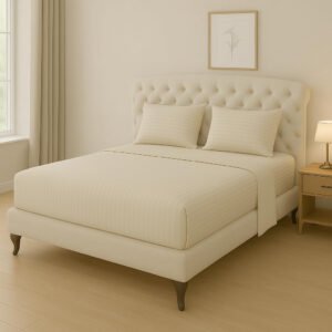 KUSTOMDECO Outlet Striped Microfiber Fitted Sheet Set – Twin 90x200 cm – Cream Color – 1 Fitted Sheet & 2 Pillowcases (50x75 cm) – Deep Pocket, Soft, Durable, Wrinkle-Resistant Bedding Set