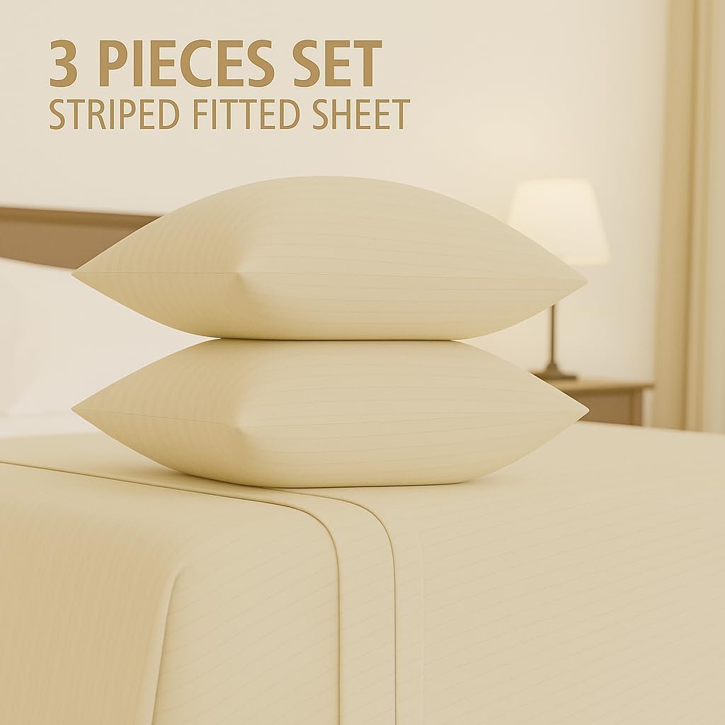KUSTOMDECO Outlet Striped Microfiber Fitted Sheet Set – Twin 90x200 cm – Cream Color – 1 Fitted Sheet & 2 Pillowcases (50x75 cm) – Deep Pocket, Soft, Durable, Wrinkle-Resistant Bedding Set - Image 2