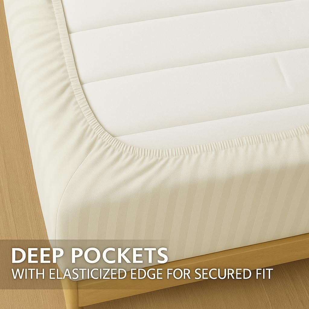 KUSTOMDECO Outlet Striped Microfiber Fitted Sheet Set – Twin 90x200 cm – Cream Color – 1 Fitted Sheet & 2 Pillowcases (50x75 cm) – Deep Pocket, Soft, Durable, Wrinkle-Resistant Bedding Set - Image 4